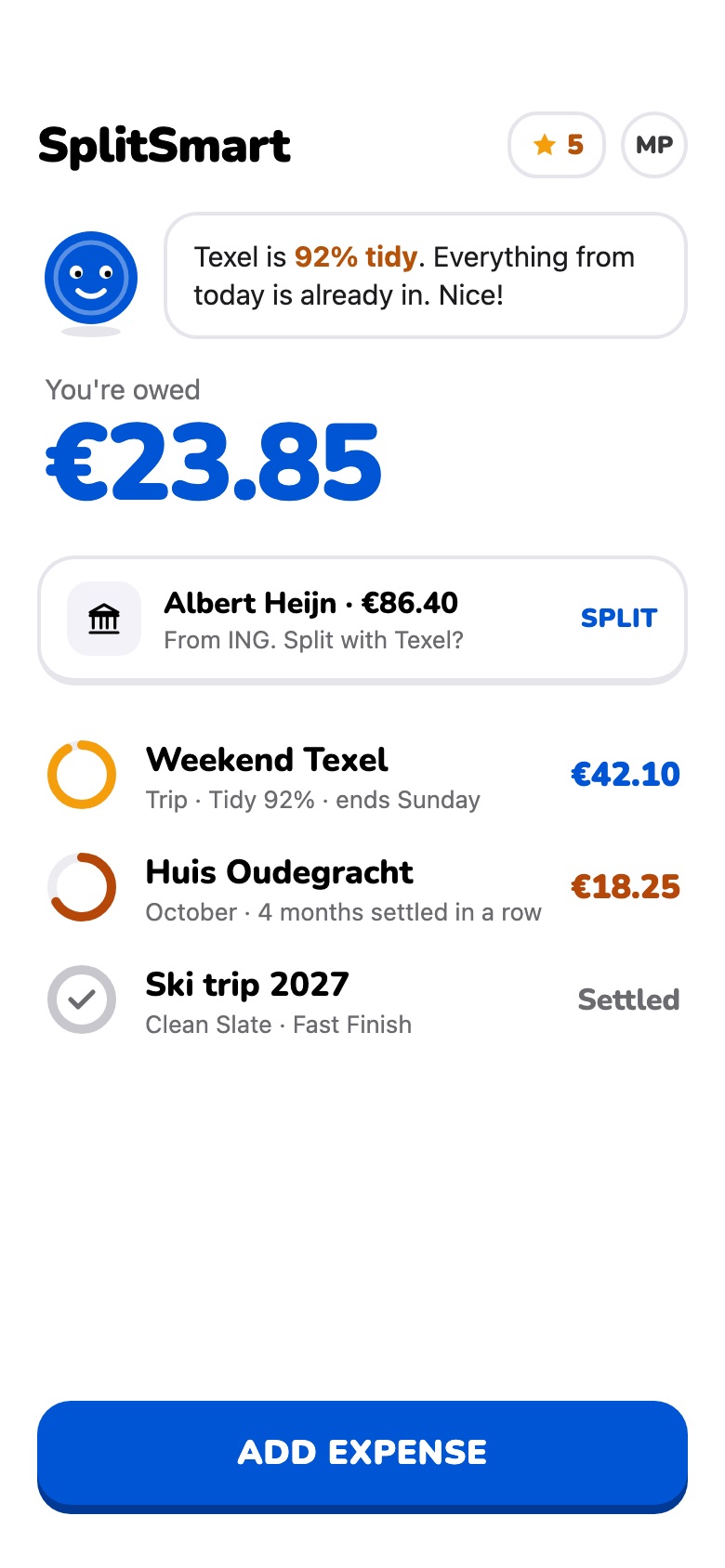 SplitSmart home screen showing you are owed €23.85 across your groups