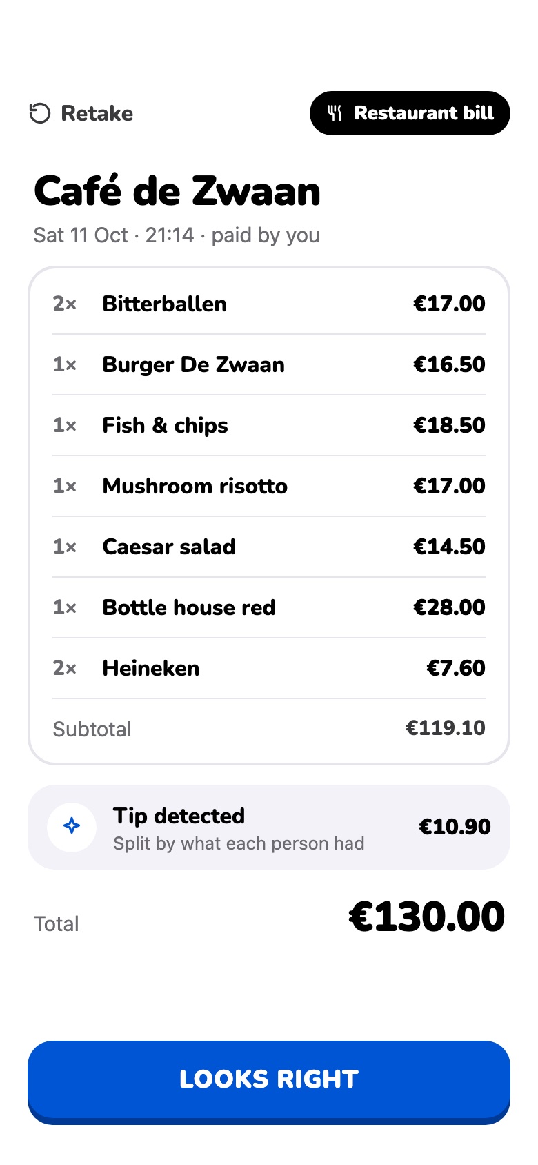 A scanned restaurant bill with every item and the tip