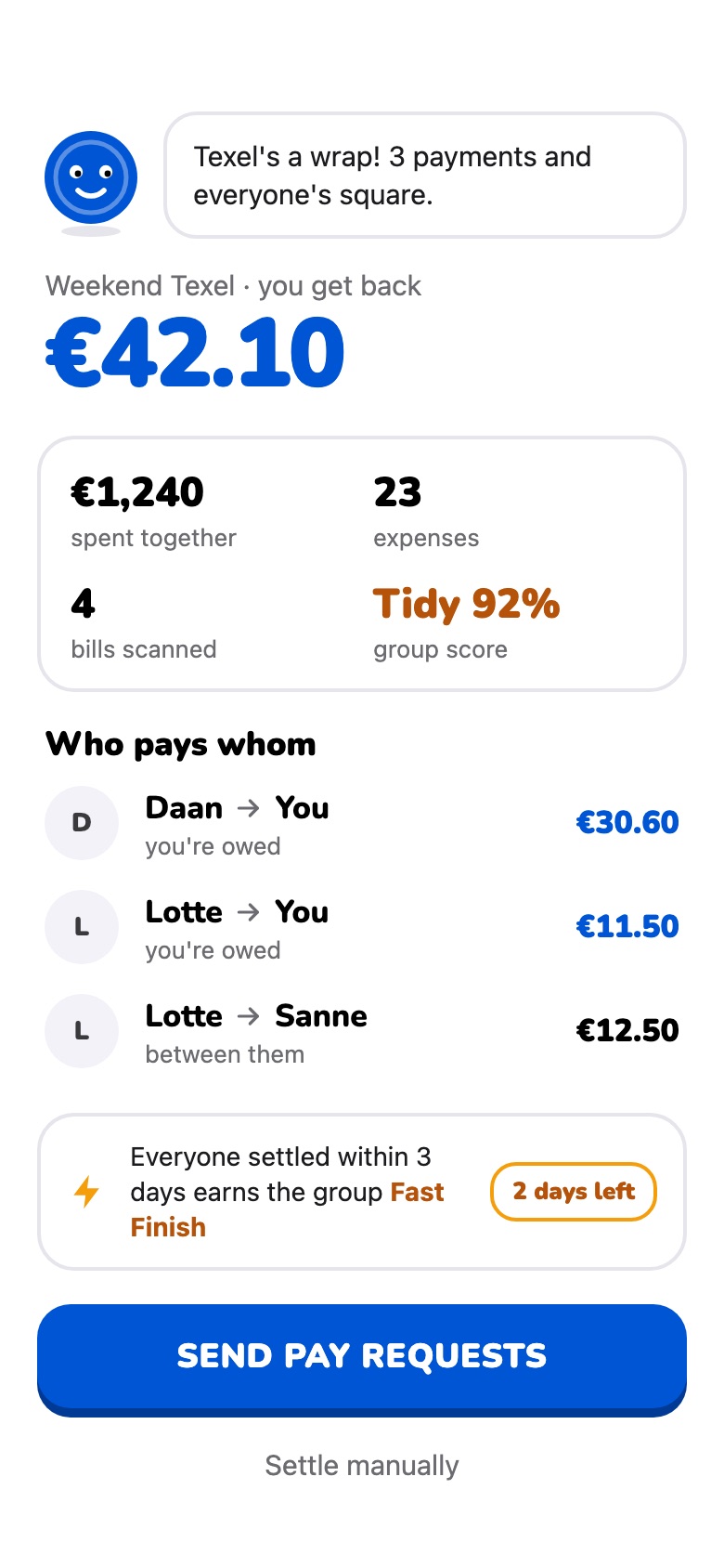 Trip closed: three payments settle the whole group