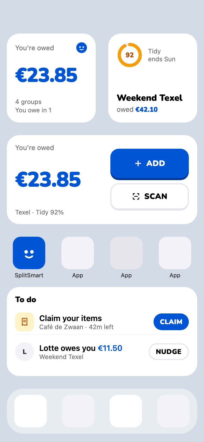 iPhone Home Screen with SplitSmart widgets for your balance and trip